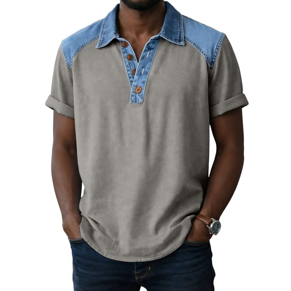 Mens Casual Golf Shirt Summer Short Sleeve Collared Button Down T-Shirts, Two-Tone Patchwork Untucked Regular Fit Lightweight Breathable Tops for Everyday Wear & Beach Vacation