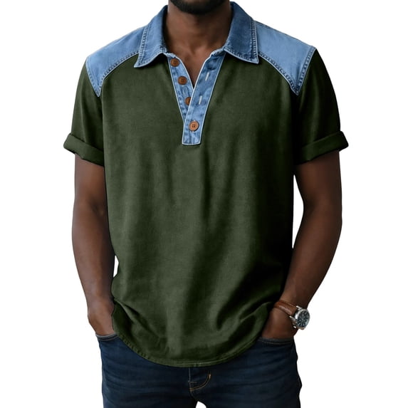 Mens Casual Golf Shirt Summer Short Sleeve Collared Button Down T-Shirts, Two-Tone Patchwork Untucked Regular Fit Lightweight Breathable Tops for Everyday Wear & Beach Vacation