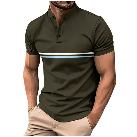 Mens Casual Golf Shirts Henley Neck Quarter Button Short Sleeve T-Shirt Loose Fit Striped Activewear Work Shirts