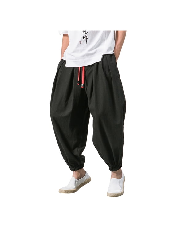 Mens Casual Harem Pants Baggy Linen Boho Yoga Jogger Pants Elastic Waist Vintage Hippie Drop Crotch Trousers Plus Size