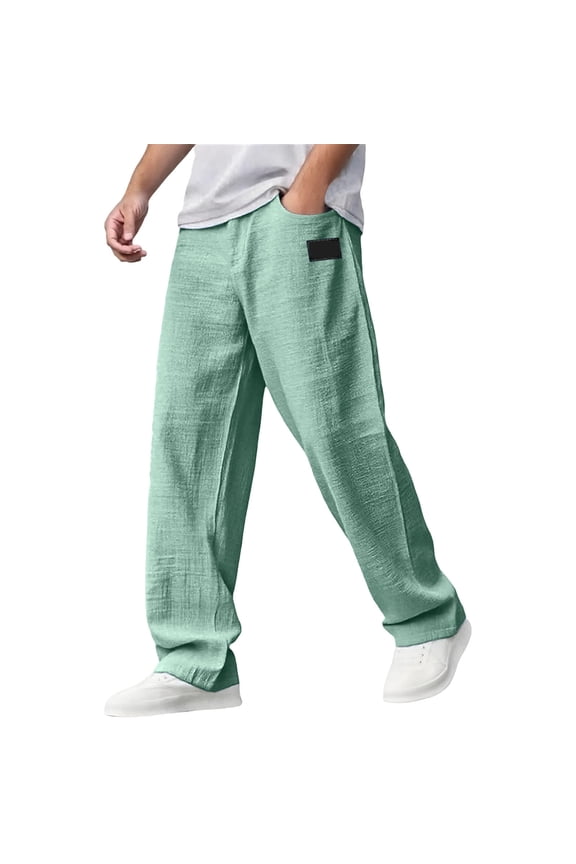 Mens Casual Hemp Fabric Embroidered Pants Drawstring Loose Pants Color: Light Green Size: M