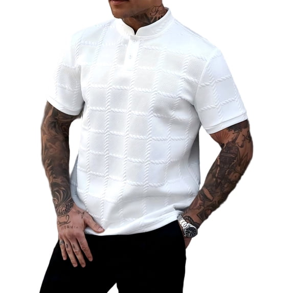 Mens Casual Henley Shirt Short Sleeve Golf Shirts Textured Summer Vacation Tops,White XL