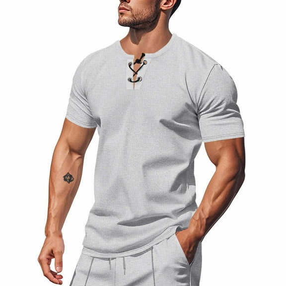 Mens Casual Henley Shirts Cotton Lace Up Short Sleeve Summer Beach Hippie V Neck Top Renaissance Pirate Shirt