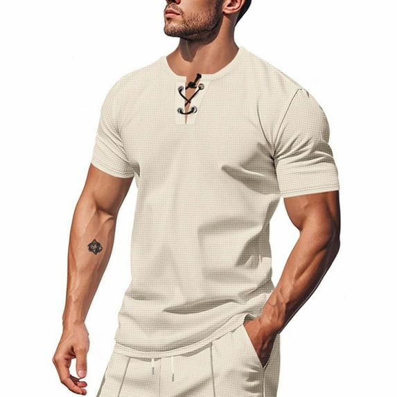 Mens Casual Henley Shirts Cotton Lace Up Short Sleeve Summer Beach Hippie V Neck Top Renaissance Pirate Shirt