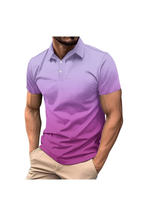 Mens Casual Henley Shirts Short Sleeve Button Down Collared Blouse Vintage Gradient Tees Summer Beach Vacation Tops