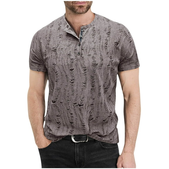 Mens Casual Henley Shirts Short Sleeve Summer Button Crew Neck Tops for Men Cotton Muscle Slim Fitted T-Shirt (Coffee XL)