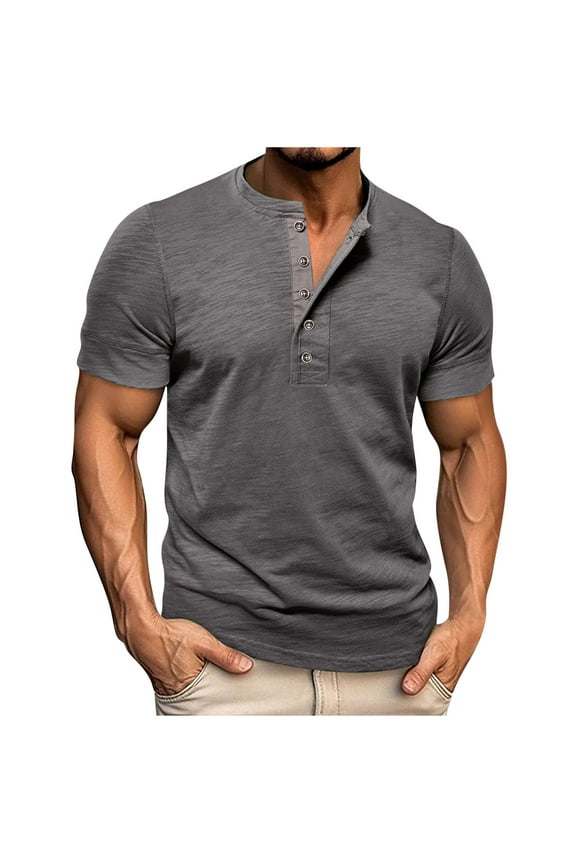 Mens Casual Henley Shirts Short Sleeve Summer Button Crew Neck Tops for Men Cotton Muscle Slim Fitted T-Shirt (Dark Gray L)
