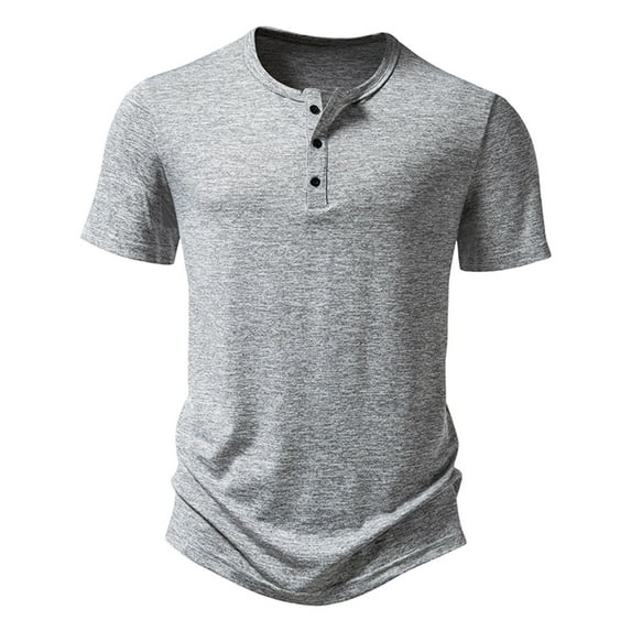 Mens Casual Henley Shirts Short Sleeve Summer Button Crew Neck Tops for Men Cotton Muscle Slim Fitted T-Shirt (Gray XL)