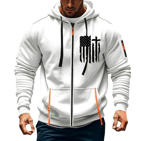Mens Casual Hooded Sweatshirt Jacket Multi-Pocket Vintage Print Long Sleeve Zipper Workwear Jackets (4XL, White B)