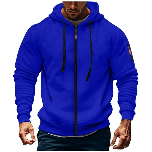 Mens Casual Hooded Sweatshirt Long Sleeve Drawstring Pullover Sweatshirts Outdoor Athletic Hoodies with Pockets Blue XXL