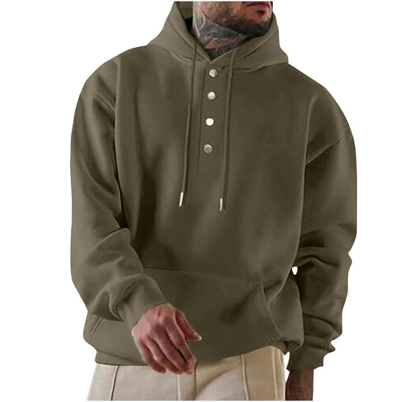 Mens Casual Hoodies 1/4 Button Down Drawstring Hoodies Solid Color Loose Long Sleeve Pullover Sweatshirts with Pocket