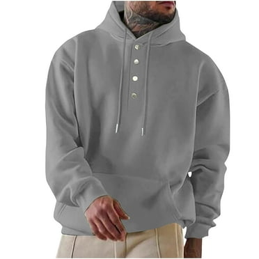 Mens Casual Hoodies 1/4 Button Down Drawstring Hoodies Solid Color Loose Long Sleeve Pullover Sweatshirts with Pocket