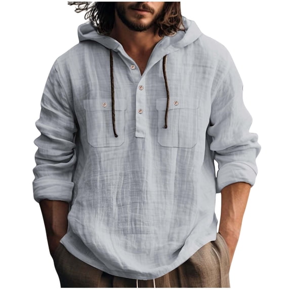 Mens Casual Hoodies Loose Long Sleeve Button Lightweight Fashion Sweatshirts Drawstring Solid Color Hooded Sweatshirt Gray M