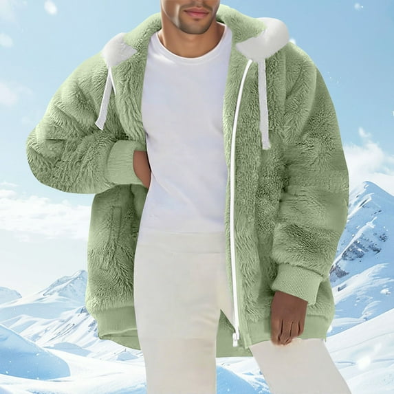 Mens Casual Jacket Fleece Hooded Green Jacket Lightweight Zip Up Winter Plain Mens Clothing