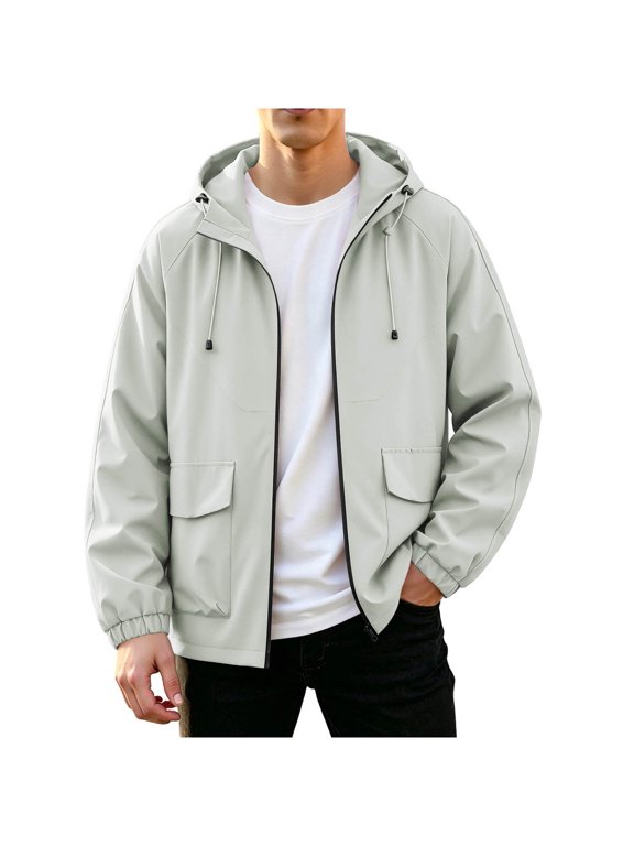 Mens Casual Jacket Jerdar Men's Solid Hooded Windproof Jacket, Drawstring Hood Cargo Pocket Casual Coat, Polyester Blend Loose Commuter Long Sleeve Outerwear