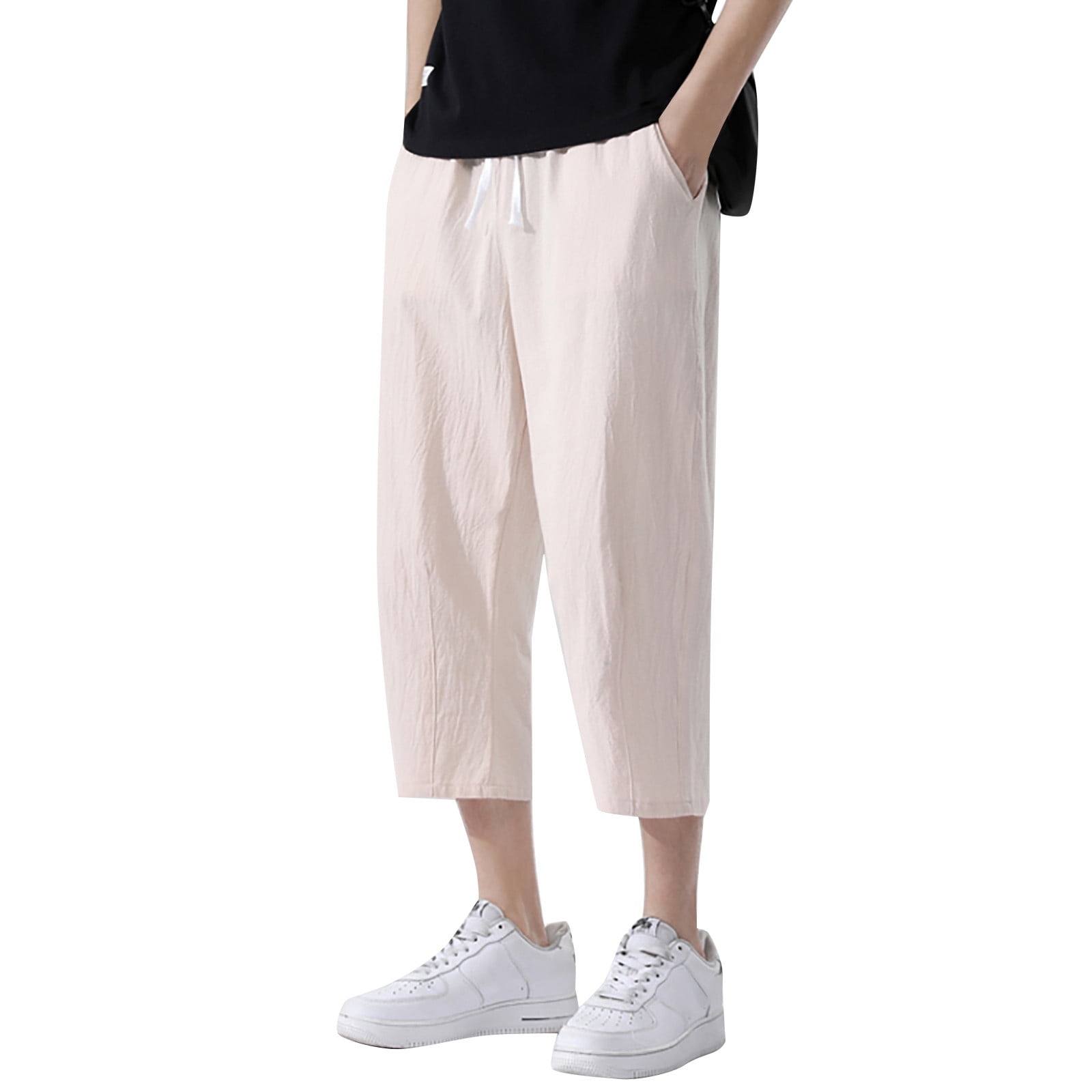 Summer Casual Pants Men's Linen Harem Capri Pants Drawstring Ankle