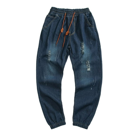 Mens Casual Jogger Jeans With Drawstring Plus Size Ripped Distressed Streetwear Clothes