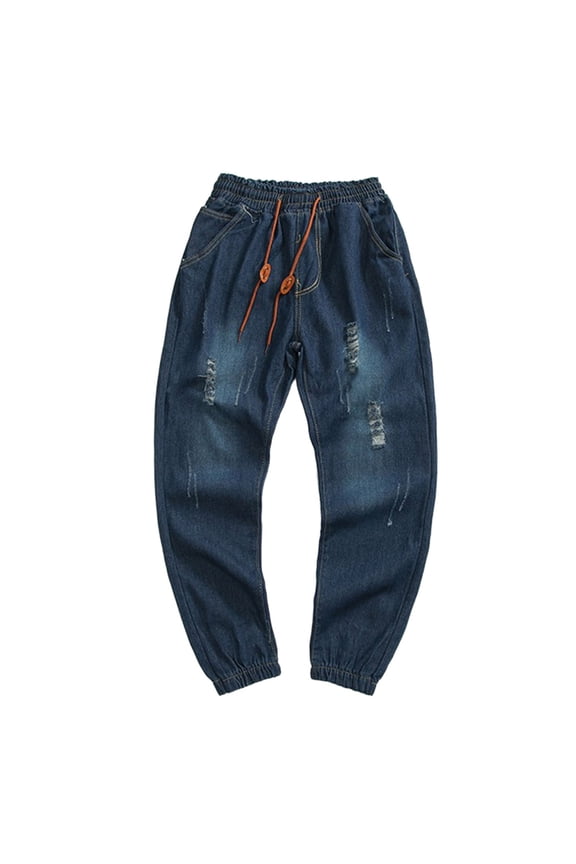 Mens Casual Jogger Jeans With Drawstring Plus Size Ripped Distressed Streetwear Clothes
