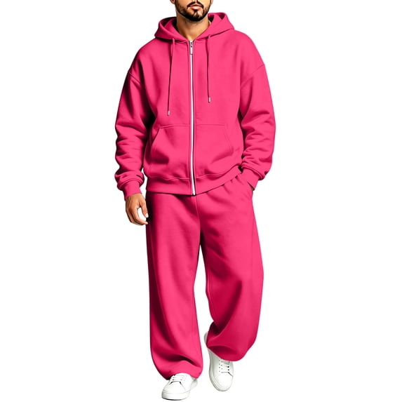 Mens Casual Jogger Tracksuit 2 Piece Set Fleece Lined Full Zip Long Sleeve Hoodie and Wide Leg Pants Outfit With Pockets Hot Pink XL