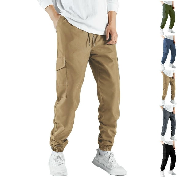 Mens Casual Joggers Solid Color Pants Drawstring Cargo Pants Hiking Outdoor Twill Track Jogging Sweatpants Pants Elastic Waist Foot Binding Daily Commuting Street Fashion Pants