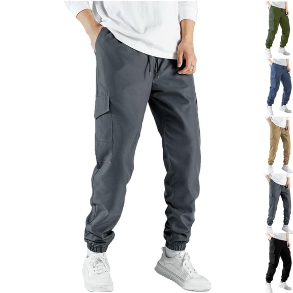 Mens Casual Joggers Solid Color Pants Drawstring Cargo Pants Hiking Outdoor Twill Track Jogging Sweatpants Pants Elastic Waist Foot Binding Daily Commuting Street Fashion Pants