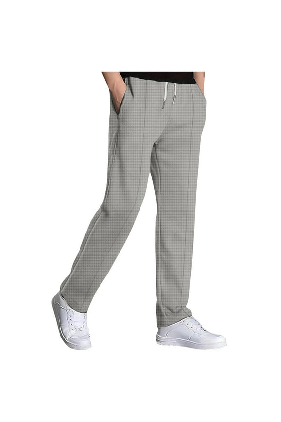 Mens Casual Knit Pants Elastic Drawstring Waist Solid Straight Leg Pant Relaxed Fit Comfy Lounge Trousers with Pocket