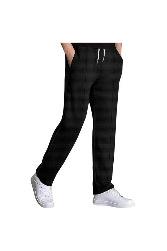 Mens Casual Knit Pants Elastic Drawstring Waist Solid Straight Leg Pant Relaxed Fit Comfy Lounge Trousers with Pocket