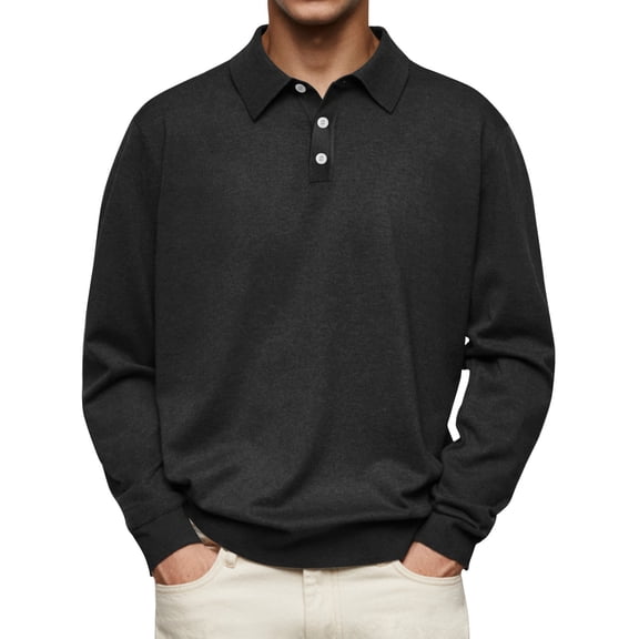 Mens Casual Knit Polo Collared Sweaters Business Fall Winter Long Sleeve Solid Color Color versatile Top Black M