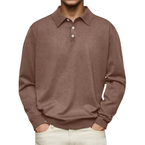 Mens Casual Knit Polo Collared Sweaters Business Fall Winter Long Sleeve Solid Color Color versatile Top Brown S