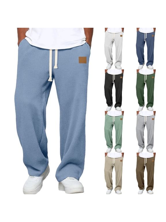 Mens Casual Knit Waffle Pants Loose Fit Drawstring Waist Elastic Band Lounge Sweatpants Comfy Joggers for Men Daily Wear Khaki XL