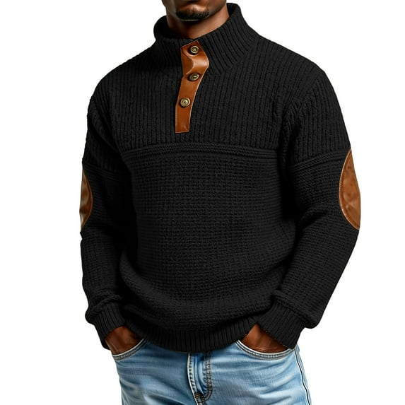 Mens Casual Knitted Pullover Sweater Long Sleeve Stand Collar Vintage Button Sweaters with Elbow Patches Black M