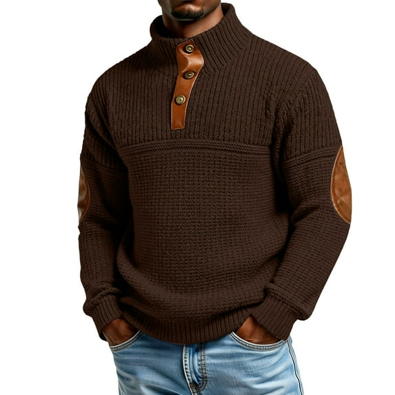 Mens Casual Knitted Pullover Sweater Long Sleeve Stand Collar Vintage Button Sweaters with Elbow Patches Coffee S