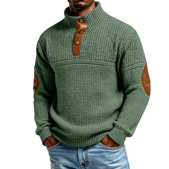 Mens Casual Knitted Pullover Sweater Long Sleeve Stand Collar Vintage Button Sweaters with Elbow Patches Mint Green L