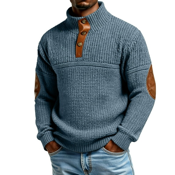 Mens Casual Knitted Pullover Sweater Long Sleeve Stand Collar Vintage Button Sweaters with Elbow Patches Royal Blue XL