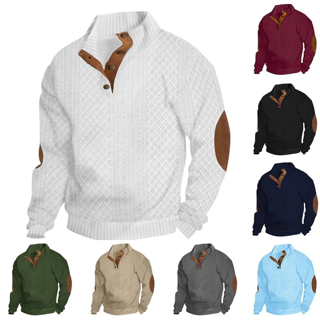 Mens Casual Knitted Pullover Sweater Long Sleeve Stand Collar Vintage Button Sweaters with Elbow Patches White XL