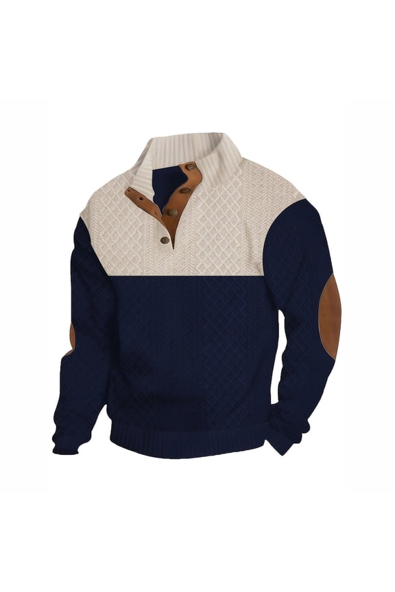 Mens Casual Knitted Pullover Sweater Long Sleeve Stand Collar Vintage Button Sweaters with Elbow Patches