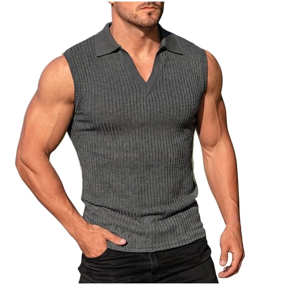 Mens Casual Knitted Wool V Neck Sleeveless Polo Shirts Johnny Collar Summer Beach Textured Ribbed Tank Tops Big and Tall Size S-3XL Dark Gray