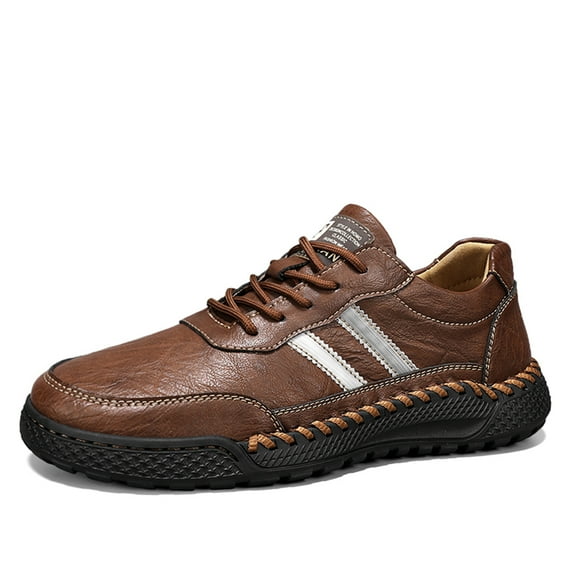 Mens Casual Leather Shoes Breathable Driving Loafers Walking Comfortable Fashion Lace Up Non-slip Sneakers Slip On Flat Brown 7.5 US