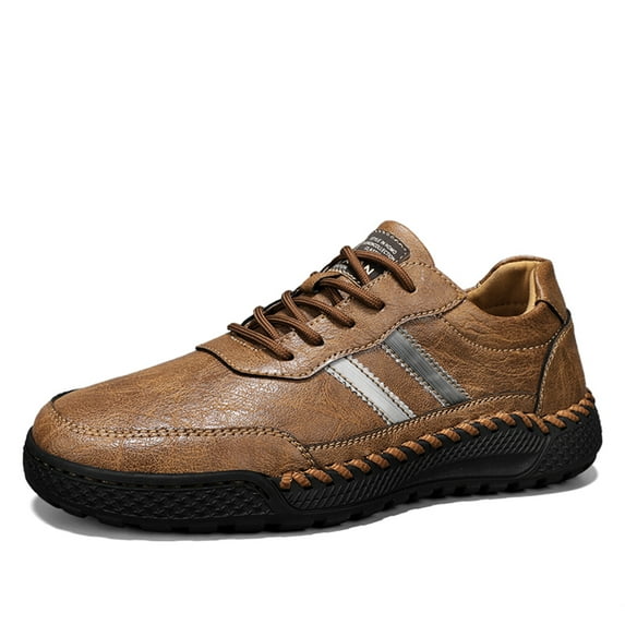 Mens Casual Leather Shoes Breathable Driving Loafers Walking Comfortable Fashion Lace Up Non-slip Sneakers Slip On Flat Yellow 7 US