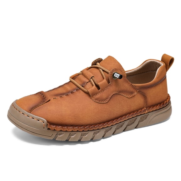 Mens Casual Leather Shoes Comfortable Soft Lightweight Breathable Handmade Slip On Lace-Up Walking Driving Shoes Yellow 7 US