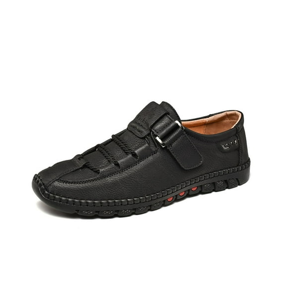 Mens Casual Leather Shoes Fashion Sneakers Lightweight Non-slip Loafers Outdoor Breathable Hiking Shoes Black 7.5 US
