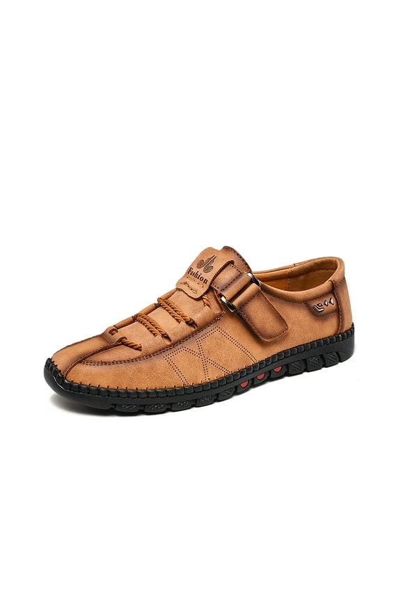 Mens Casual Leather Shoes Fashion Sneakers Lightweight Non-slip Loafers Outdoor Breathable Hiking Shoes Brown 11 US