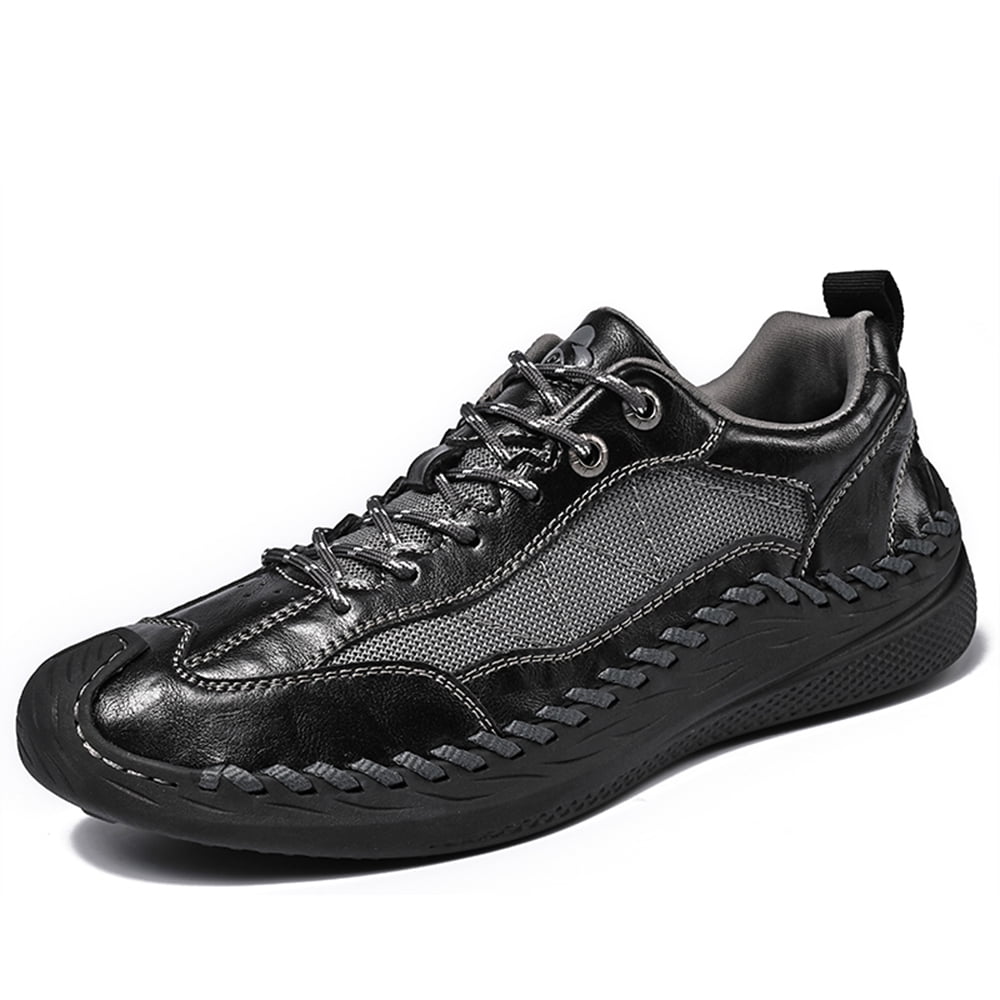 Mens Casual Leather Shoes Outdoor Hiking Work Shoes Breathable Lightweight Sneakers Comfortable Lace-up Driving Shoes Black 10 US