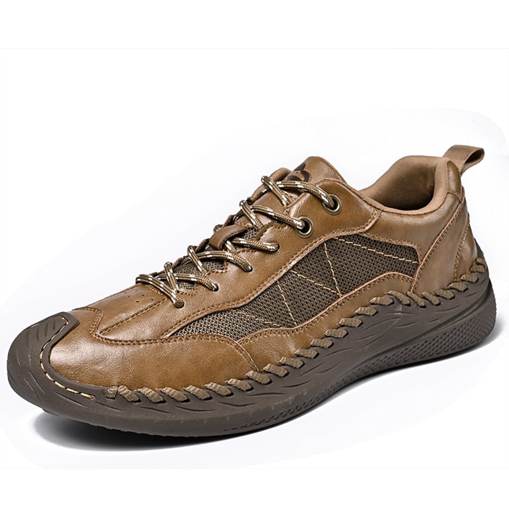 Mens Casual Leather Shoes Outdoor Hiking Work Shoes Breathable Lightweight Sneakers Comfortable Lace-up Driving Shoes Brown 6.5 US