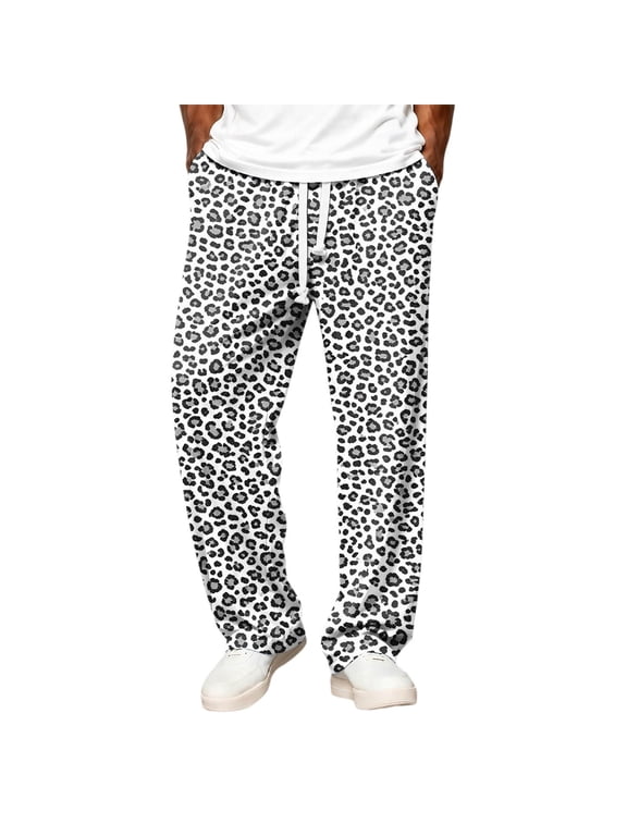 Mens Casual Leopard Print Trousers Relaxed Fit Everyday Wear Pants With Leopard Pattern White XXL