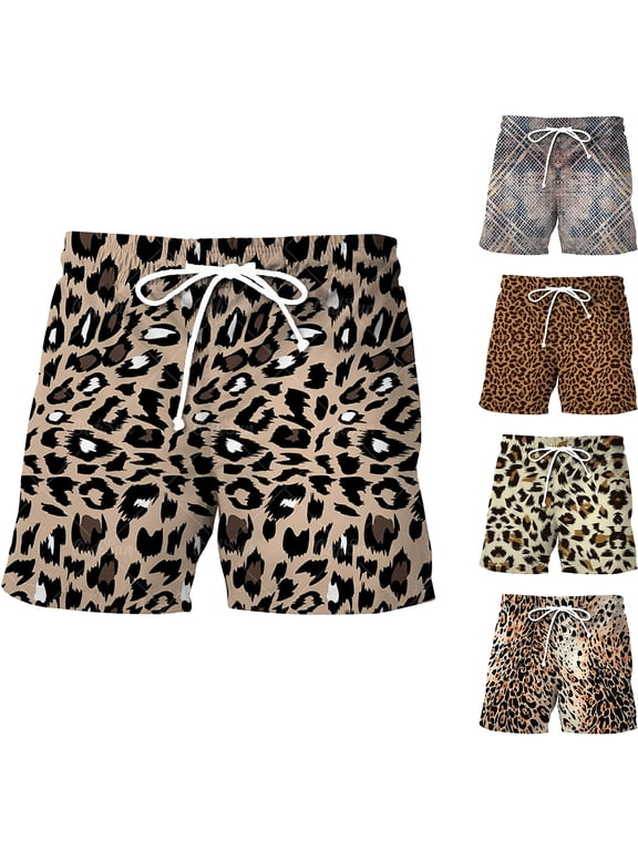 Mens Casual Leopard Shorts Lightweight Sports Print Beach Home Shorts with Pockets Orange S-3XL