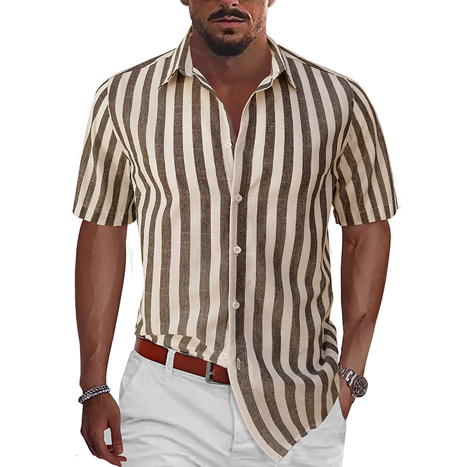 Mens Casual Lightweight Striped Short Sleeve Shirt Button Down Cotton