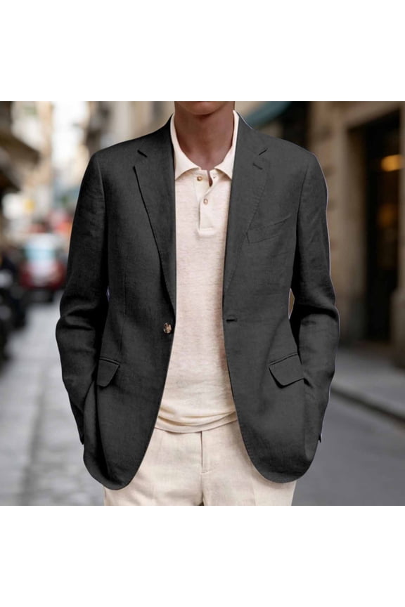 Mens Casual Linen Blazer Lightweight Lapel One Button Sport Coats Summer Classic Cotton Linen Suit Jacket for Beach Wedding