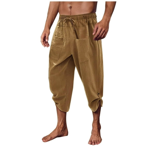 Mens Casual Linen Capri Pants Boho Harem Elastic Waist Trousers Yoga Drawstring Straight Legs Lightweight Pant
