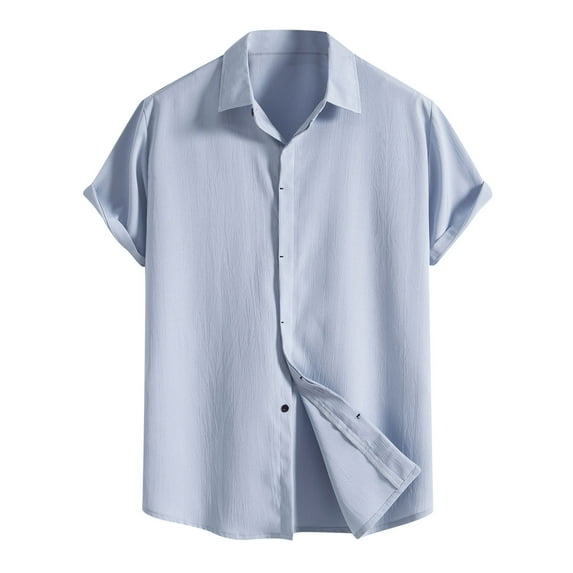 Mens Casual Linen Cotton Button Down Short Sleeve Shirts Cuban Camp Guayabera Beach Tops Lightweight Summer Shirt Blue L
